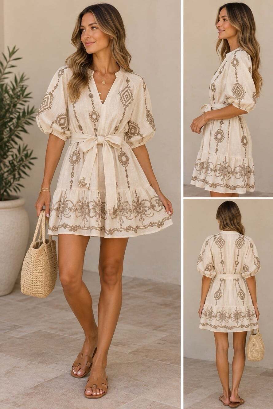 Cream Embroidered Boho Belted Mini Dress Puff Sleeve Size Medium